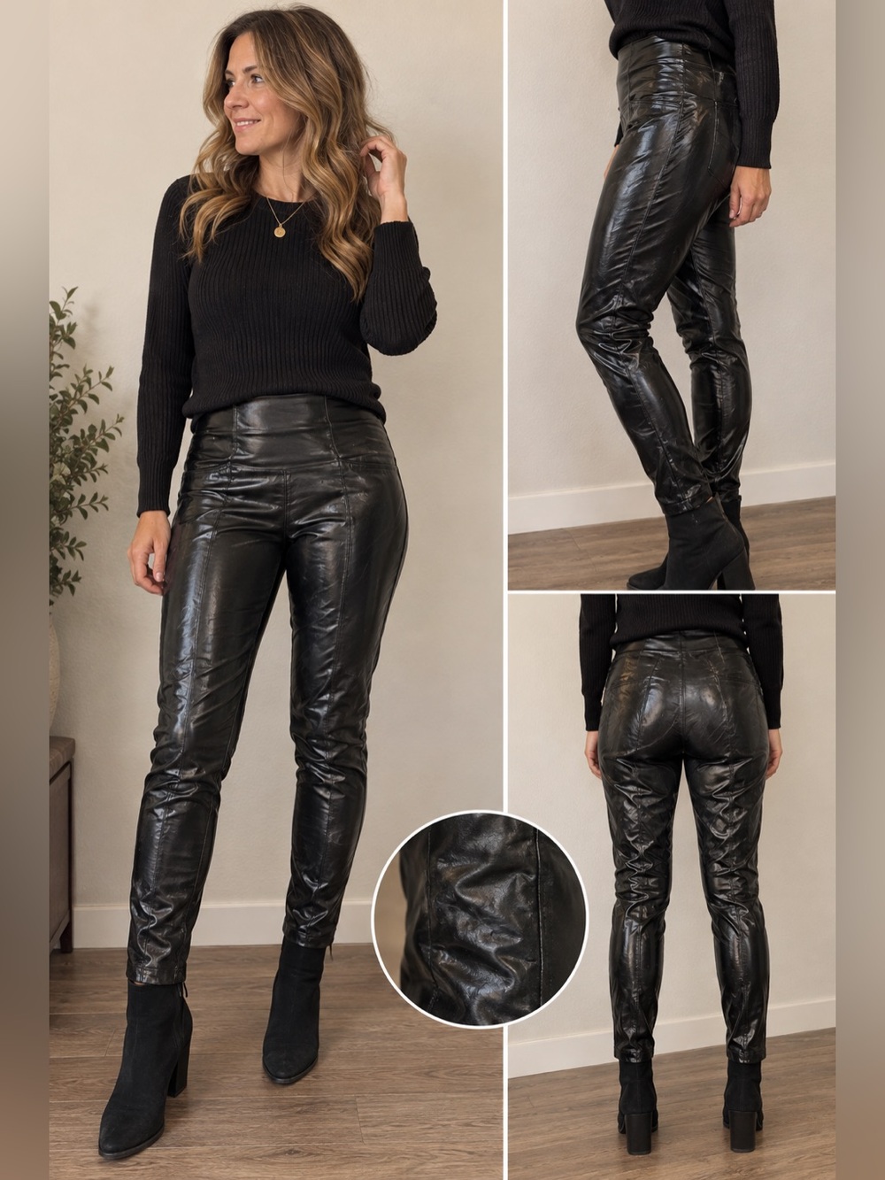 SPANX Faux Patent Leather High Waist Leggings Black Glossy Pants M Stretch Shape